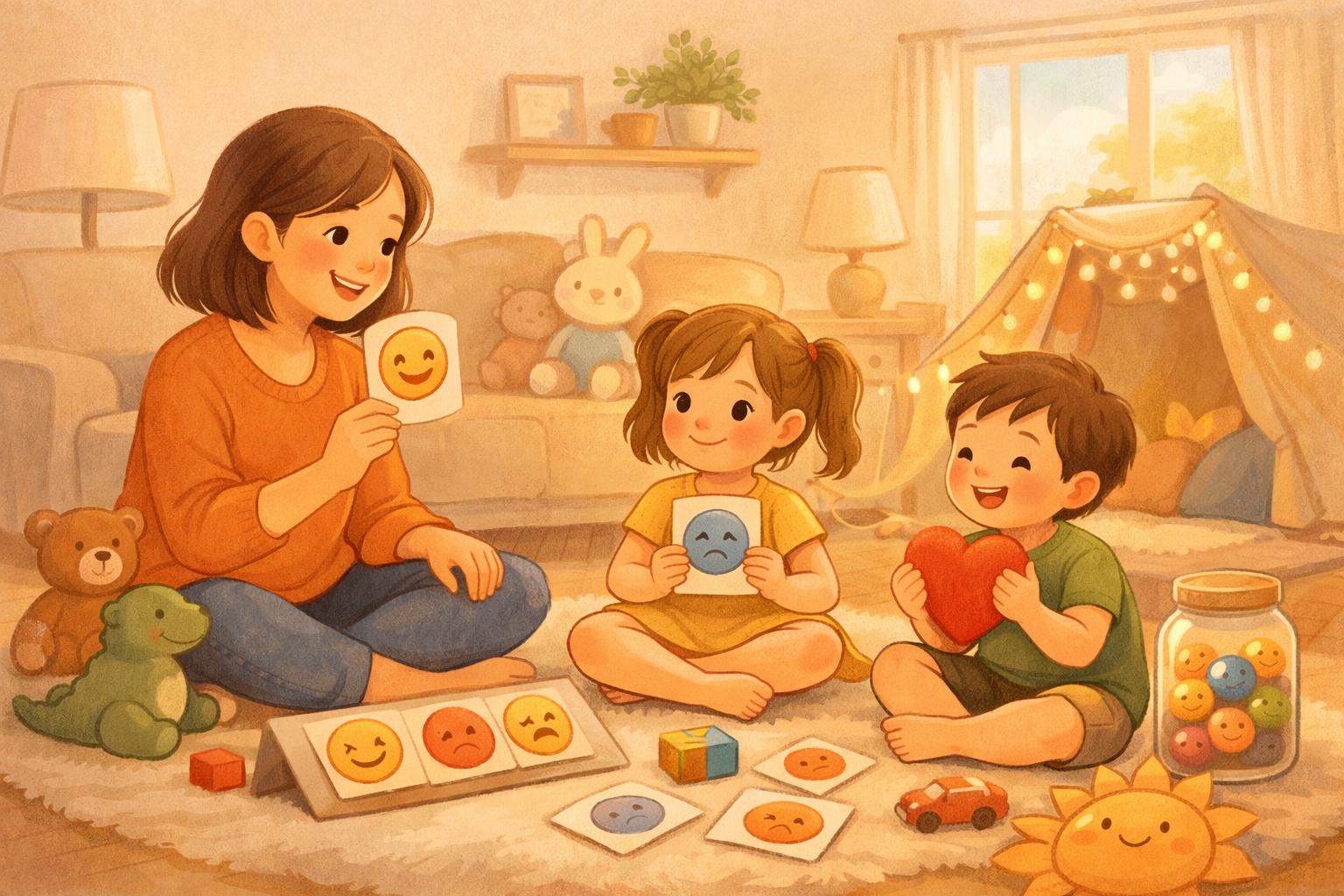 Parent and child playing an emotion charades game, smiling and engaged